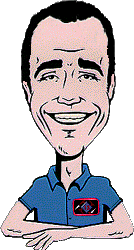 Artist rendering: a caricature of Michael Davis, arms folded, wearing a Network 13 badge